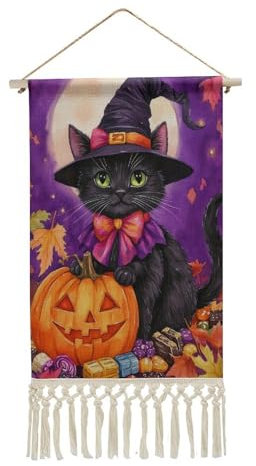 Jubonexis Arazzo da parete in lino, simpatico gatto nero con abbigliamento per Halloween, zucca, poster vintage da appendere alla parete con nappa e asta in legno