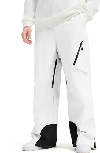 HOUZONIY Pantalones de nieve para hombre, impermeables, para invierno, para snowboard, pantalones de invierno cálidos, pantalones de esquí para hombre, Blanco, L