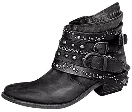 Dam västerländska stövlar korta, cowboystövlar damer blockklack vinterstövlar cowboy ankelstövlar med nitar gotiska stövlar läderstövlar höst fritid Chelsea stövlar slip-kängor vintage ankelstövlar