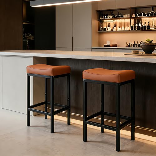 ZYFFHYLAI Bar Stools Set of 2, 24 Inch Backless Counter Height Bar Stools with Soft Faux Leather Seat, 300 LB Heavy Duty Padded Saddle Barstool Chair for Modern Kitchen Island Counter (Brown)