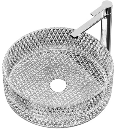 EMKE Lavabo in vetro rotondo, 360 x 360 x 112 mm, lavabo da appoggio in vetro al piombo temperato, lavabo, lavandino da bagno, trasparente