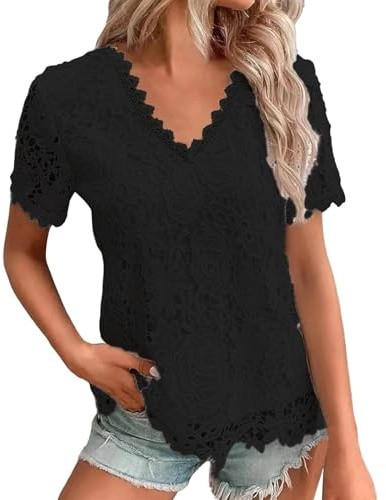 Camicia di Pizzo Maglietta Donna Elegante con Ricamo Floreale Frontale Tshirt Manica Corta Scollo a V Magliette Estivi Comodi Shirt Casual Blusa Ampia Moda Camicetta Oversized T-Shirt