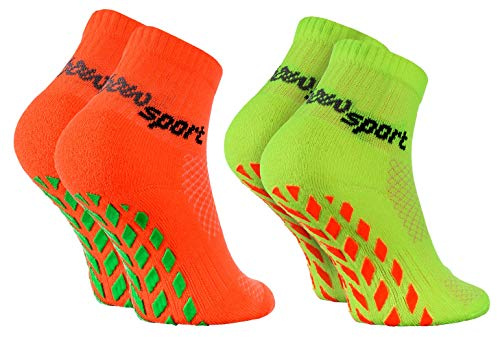 Rainbow Socks - Niñas Niños Calcetines Antideslizantes de Deporte - 2 Pares - Naranja Verde - Talla 30-35
