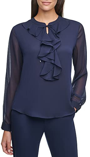 Tommy Hilfiger Camicetta da Donna a Maniche Lunghe, Mezzanotte/Escursione, Tinta Unita (Midnight//Getaway Solids), XL
