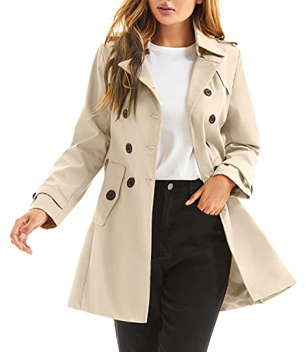 poonyfesh Women's Waterproof Trench Coat Double-Breasted Classic Lapel Petite Overcoat Belted Slim Outerwear Coat, Khaki, S