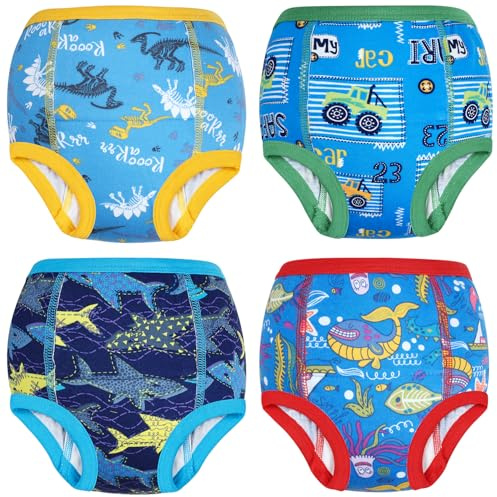 FLYISH DIRECT Potty Training Pant, 100% Cotton Reusable Potty Training Underwear for Toddlers, 4 Packs of Absorbent Reusable Training Pants for Boys and Girls, 7 Years, Blue Land