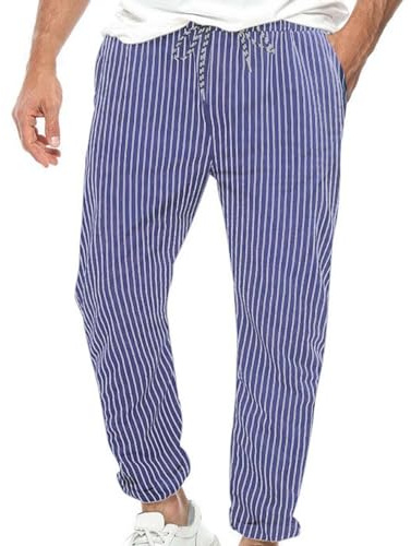 Pantaloni per il tempo libero da uomo, larghi, a righe, estivi, traspiranti, da allenamento, vestibilità ampia, relax, con elastico, ad asciugatura rapida, sportivi, leggeri, con lacci, casual, Blu, L