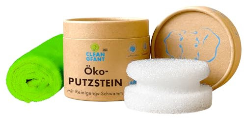 CLEANOFANT Putzstein mit Reinigungs-Schwamm und Mikrofaser-Allroundtuch | Set | Öko-Universalreiniger Reinigungsstein für den ganzen Haushalt | Universalstein Allzweckreiniger in Karton-Dose