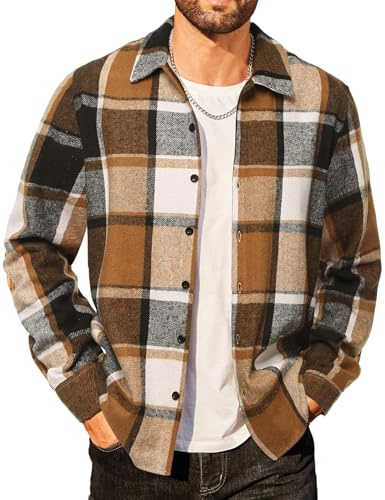 COOFANDY Camisas de franela para hombre, informales, con botones, a cuadros, tipo chaqueta, de manga larga, ajuste regular, sobrecamisa, L