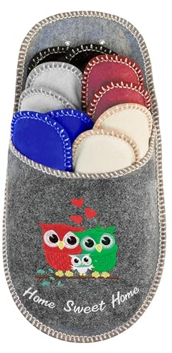 BOOTSY® Chaussons pour invités - Motif Home Sweet Home Hibou (5 paires) • Pantoufles en feutre unisexe • Lot de chaussons d’accueil • Tailles 35/38, 38/40, 41/43, 44/45 • Mules avec sac de rangement
