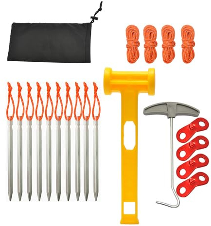 Hkfgdjdl Estacas para tienda de campaña, accesorios de camping, estacas de aluminio y estacas, martillo y cuerda de nailon y removedor para acampar fácilmente