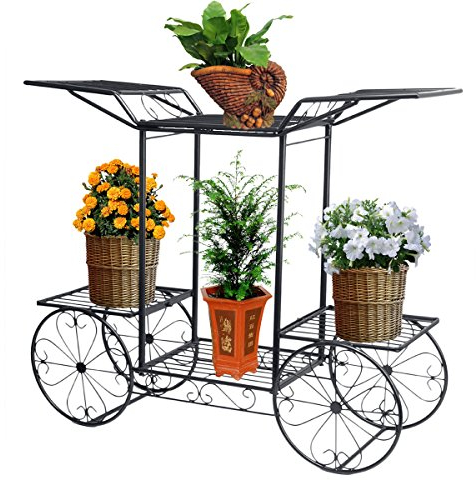 Blumentreppe 2 Ebenen, Aus Metall, Blumenständer für innen und außen, HBT: ca. 67x 79 x 25 cm (Schwarz)