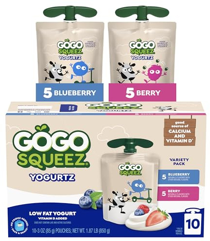 GoGo squeeZ yogurtZ Variety Pack, Berry & Blueberry, 3 oz (Pack of 10), Kids Snacks Made from Real Yogurt and Fruit, No Fridge Needed, Gluten Free, Nut Free, BPA Free Pouches (Packaging May Vary)