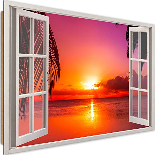 Feeby Quadro Decorativo Finestra con Vista XXL 120x80 cm 1 pezzo Stampa Murale Fotografia Decorazione da parete Immagini Moderni per Soggiorno Camera da Letto Ufficio Cucina Tramonto Rosso