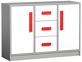 Furniture24 Kommod GIT 06 Sideboard mit 3 Schubladen, 2 Türen, Mehrzweckschrank Sideboard Schubladenkommode für Jugendzimmer, Kinderzimmer (Anthrazit/Weiß/Rot)