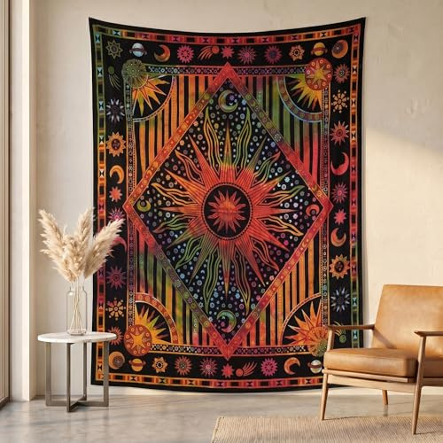 THE ART BOX Celestial Tie-Dye Wall Tapestry – Sun and Moon Design, Cotton Hanging for Bedroom, 140x210 cm