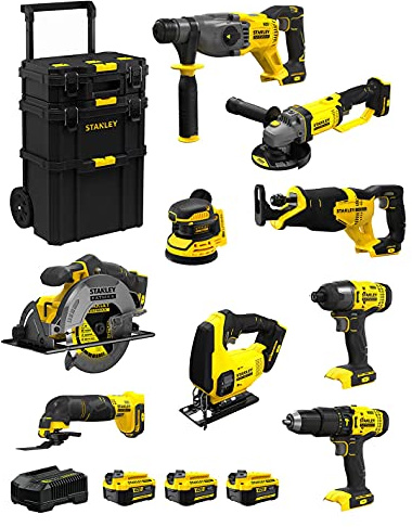 STANLEY FatMax Kit SVK901 (SFMCH900 + SFMCG400 + SFMCD711 + SFMCF800 + SFMCS500 + SFMCS600 + SFMCW220 + SFMCS300 + SFMCE500 + 3 Batteries de 4,0 Ah + Chargeur + Caddy 3en1)