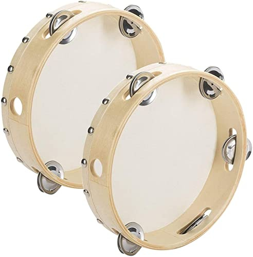 Tosnail Pack of 2 Pieces 7 Wooden Tambourine Hand Held Drum Bell, Single Row 5 Pairs Metal Jingles Percussion Musical Instrument