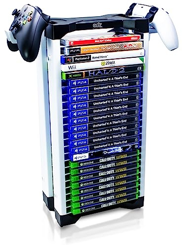 ADZ spelhållare – lagrar 23 spel- eller Blu Ray-skivor – spellagringstorn stapelbar ställning för PS4, PS5, Xbox One, Xbox Series X, Switch-spel och Blu-Ray-skivor. Innehåller 2 headset eller kontrollhållare