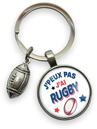 Porte-clés « J'peux pas j'ai rugby » avec cabochon et breloque ballon – Cadeau pour rugbyman - Joueur de rugby - création