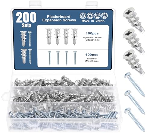 Mynoozi 100 Stück Rigipsdübel, Selbstbohrender GipskartondüBel Metall mit Schrauben, Hohlraumdübel Metall mit Schrauben zur Befestigung in Beton, Ziegeln, Gipsbauplatten (100 Anker + 100 Schrauben)