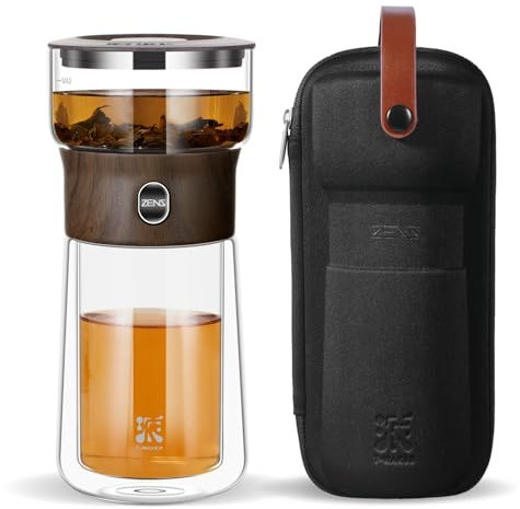 ZENS Modern Solo Tea Infuser Teapot, Smart One Touch Drip Tea Pot for Loose Tea Diffusers, Small Glass Gongfu Teapot with 270ml Insulated Cup and Portable Tea Kits for Tea Lovers Gifts