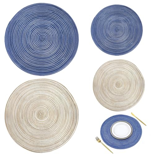 Juego de 4 Manteles Individuales y Posavasos, Manteles Individuales Redondos Trenzados, Algodón Antideslizante Salvamanteles Lavables, Alfombrillas de Comedor