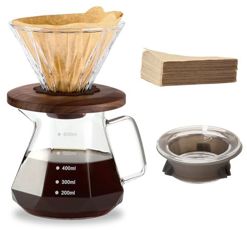 Polydremio Pour Over Kaffeebereiter, 600 ml Borosilikatglas-Karaffe mit 100 Stück Papierfilter Größe 02, Walnuss-Griff und Glasdeckel, transparent