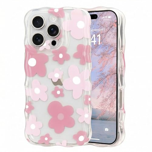 Micoden for iPhone 16 Pro Max Case Clear with Flower Floral Anti-Yellowing | Cute Curly Wave Frame,Soft TPU Slim Bumper,Shockproof Anti-Scratch Protective Wavy Cover for Girls Women-Pink