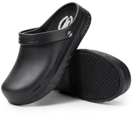 FitVille Wide Chef Clogs for Men Slip Resistant Kitchen Work Shoes Non-Slip for Food Service Waterproof with Arch Support (12 Wide) Black