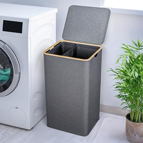 Björn&Schiller Cesto portabiancheria a 2 scomparti con coperchio da 100 l, grigio, sottile e alto, cesto portabiancheria a 2 scomparti, con coperchio, cesto per la biancheria con scomparti, tasche