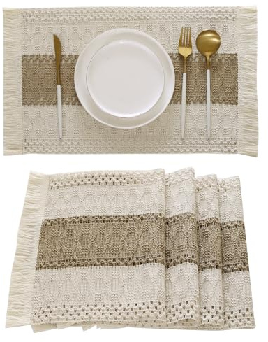 Tosleo Boho Placemats Set of 4 with Fringe Khaki Cream