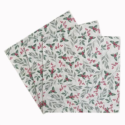 Servietten Winter, Papierservietten mit Stechpalmen und Beerenmuster, 20 Stück,Geeignet für Geburtstags, Hochzeits, Weihnachts, Halloween und andere Bankettservietten