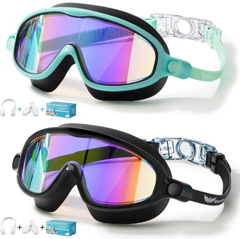 AzureWings 2 Pack Swim Goggles for Kids, No Leak Anti-Fog Anti-UV Swimming Goggles for Boys Girls Children 4-14 (Green Mirrored & Black Mirrored)