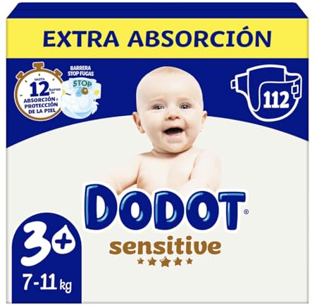 Dodot sensitive pañales talla 3+,extra absorción,7 a 11 kg,caja 112 unidades +regalo 46 toallitas Dodot Pure Aloe Vera