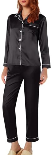 Biancheria da notte da donna elegante in raso, con risvolto, comodo pigiama a monopetto, camicia da notte, taglie forti, casual, per la casa, per l'autunno, Nero , XXXXXL