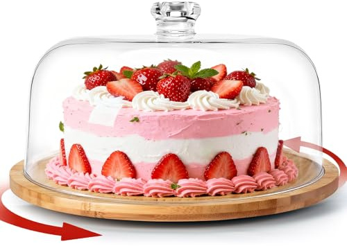 Masthome Alzata Torta con Coperchio, Alzata Girevole per Torta con Campana, Alzatina per Dolci in Bambù e Legno, Espositore per Torte con Cupola, Piatto per Torta Trasparente in Plastica