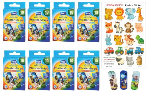 Bergmann® Lot de 80 pansements pour enfants, motifs aventuriers FIGO, autocollants pour filles et garçons, testés cliniquement, imperméables, bandes multicolores