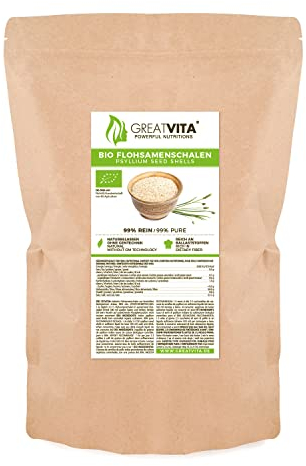 GreatVita Bucce di psillio organico, puro al 99%, (1 x 1000g) Bucce di psillio indiano, ad alto contenuto di fibre e vegano, L'imballaggio può variare