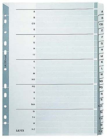 Leitz Register för A4, försättsblad och 20 skiljeblad, flikar med alfabetiskt tryck A-Z, hålkant och färgglada flikar folieförstärkt (Mylar), grå, kartong, 4328000