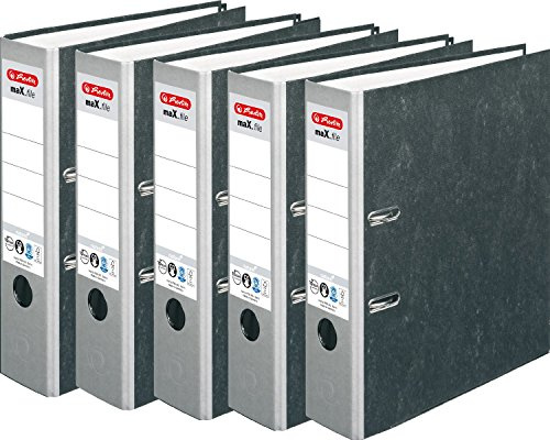 HERLITZ Ordner maX.file nature A4 Wolkenmarmorbezug selbstklebendes Rückenschild | 5er Sparpack in diversen Farben zur Auswahl (8cm breit | 10er Pack, grau)