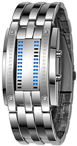 Binary Matrix Blue LED Digital Waterproof Watch Mens Classic Creative Fashion Silver Wrist Watches (Silver Blue)