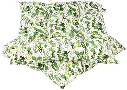 Dibor Leaf Print Cushion Seat Pad Set of 2 Garden Dining Chair Cushions | Machine Washable, Tie-On, 100% Cotton, Recycled Polyester Fibre Filling, Seat Pads, Seat Cushions, Chair Cushions