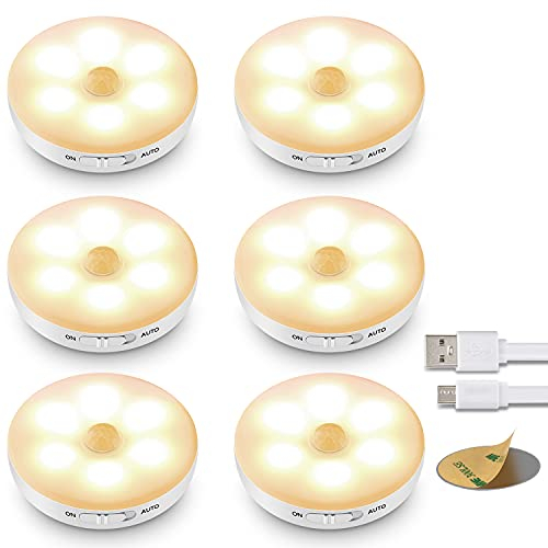 Nachtlicht mit Bewegungsmelder, Lampe mit Bewegungsmelder Innen, USB Batterie Wiederaufladbar, Klebeleuchte, LED Bewegungsmelder für Schrank, Flur, Schlafzimmer, Kinderzimmer (Warmweißes, 6 Stücke)