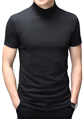 Mens T Shirt Short Sleeve Basic Mock Turtleneck Slim Fit Undershirt Pullover Thermal Solid Tops Black 3XL