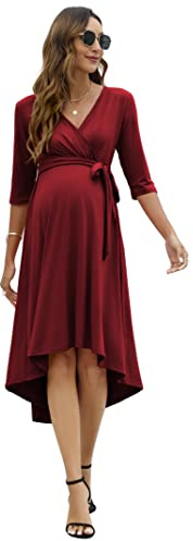 KOJOOIN Abito Premaman da Donna Abito da Allattamento Festivo Scollo a V Maniche a 3/4 Abito da Gravidanza con Cintura in Vita Rosso Vino (Manica 3/3) L