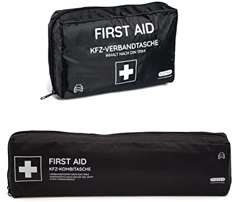 KFZ-Verbandtasche DIN 13164:2022 - Verbandskasten Auto - Erste Hilfe Kasten Auto - Verbandkasten PKW - Motorrad - Auto Set - Schwarz - Verbandstasche