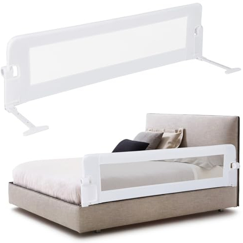 LIFEZEAL Barandilla de Cuna Plegable con Correas, Barrera de Seguridad Infantil rellena de algodón, protección anticaída de Cuna de Tejido Oxford, 152x34x42cm (Blanco)