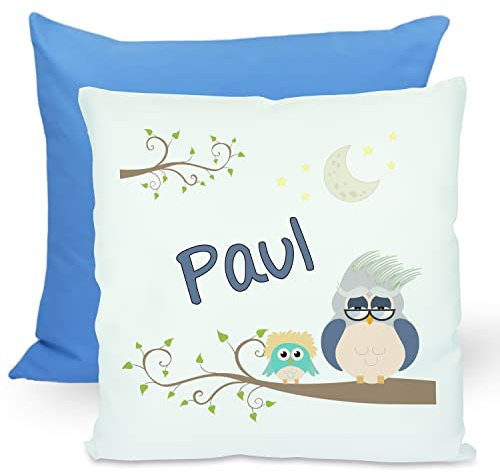 CreaDesign, Kinder Kissen 40x40 cm personalisiert mit Namen, Kinderzimmer Deko Kissen Kinder mit Füllung Federn, Motiv Eule, Rückenfarbe Blau
