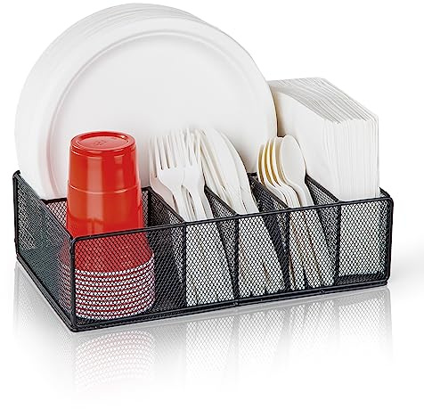 NACIMAX Paper Plate Organizer for Countertop, Metal Silverware Caddy for Cup, Fork, Spoon, Napkin, Paper Plate and Utensil Holder, Cutlery Caddy for Party, Camping, Picnic (Black)